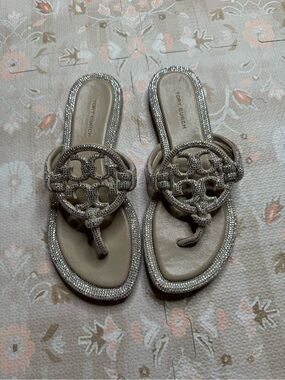 Tory Burch Crystal-Trimmed Silver Logo Thong Sandals